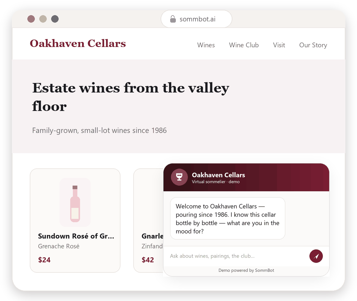 SommBot answering a shopper's shipping and pairing question before the cart stalls.